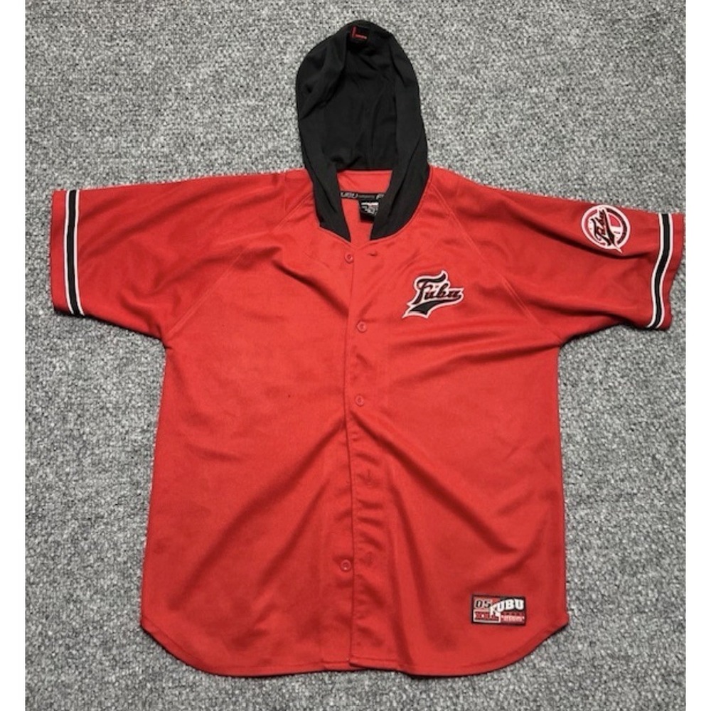 FUBU Sports Men's XXL Red/Black Hooded Jersey Button-Up Hoodie‎ Logo Patch